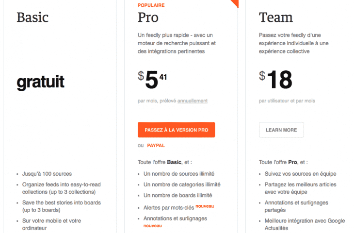 Offres payantes Feedly