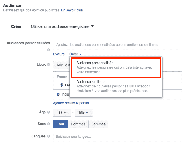 Creation Audiences Personnalisees