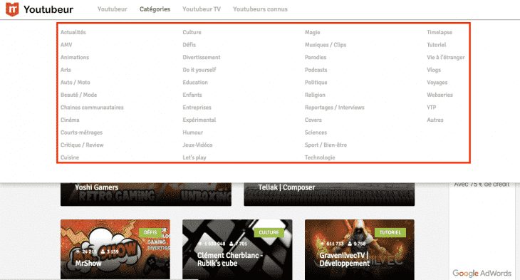 Annuaire Youtubeur Categories