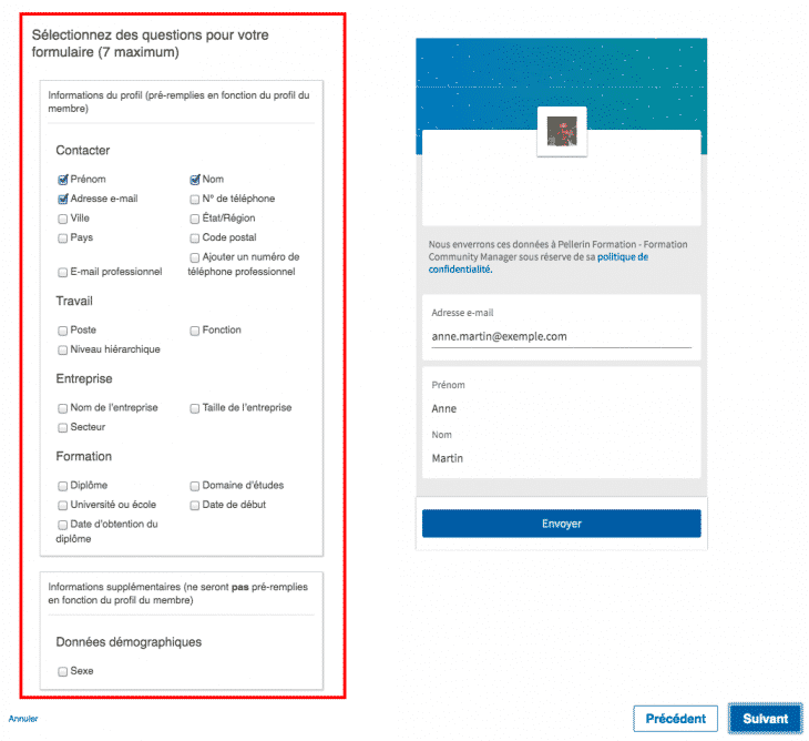 Champs du formulaire LinkedIn