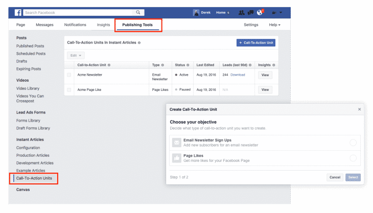 Creer CTA Instant Articles Facebook