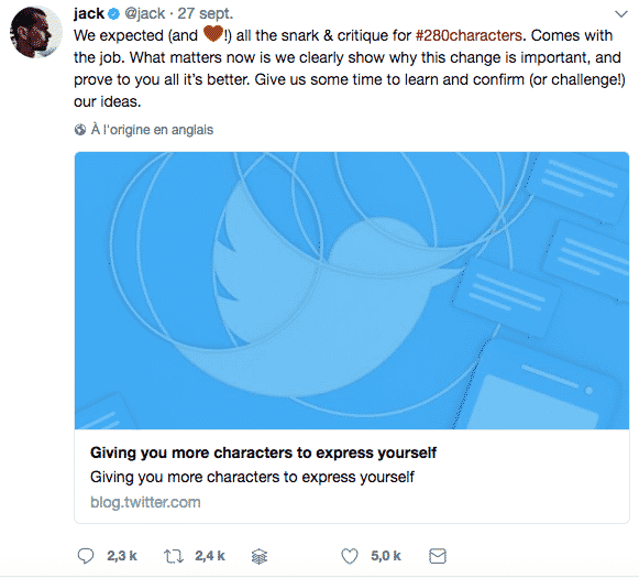 Annonce 280 caracteres Twitter
