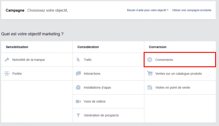 Objectif Conversions Facebook