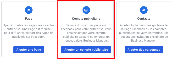Ajout de pages, comptes publicitaires, contacts sur Facebook Business Manager